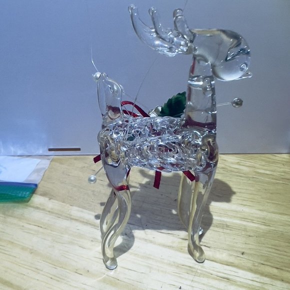 Handblown Clear Glass Rose Rudolph Reindeer Christmas Ornament 3.5x2in - Picture 2 of 10